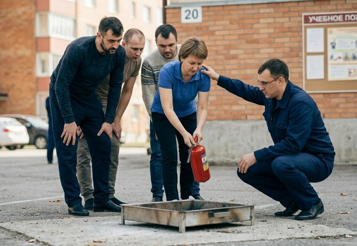 Обучение пожарной безопасности, работа с огнетушителем
